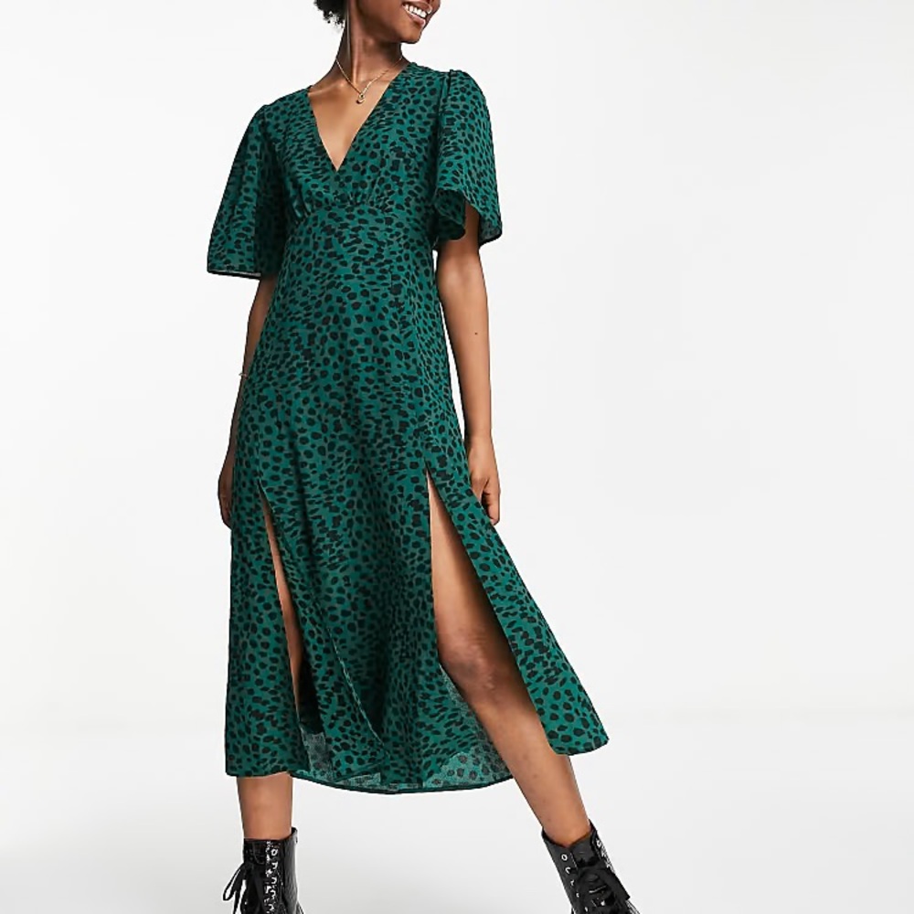ASOS DESIGN angel sleeve midi dress in green animal print